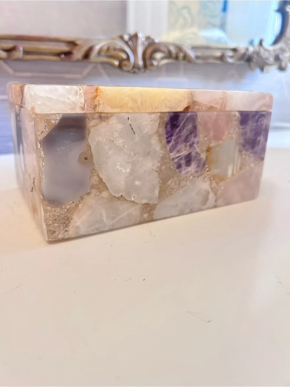 Handmade in India Natural Agate Druzy Amethyst Gemstone Mosaic Jewelry Box 7”